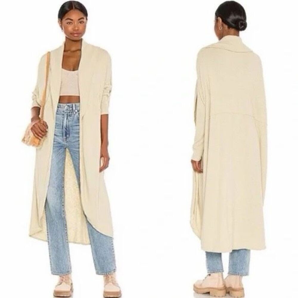 Free People Beach Cardigan Blue Knit Cuddle Up Long Open Front Light Yellow Gree